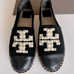 Black with White Pearls Logo Flat Espadrille/Mule